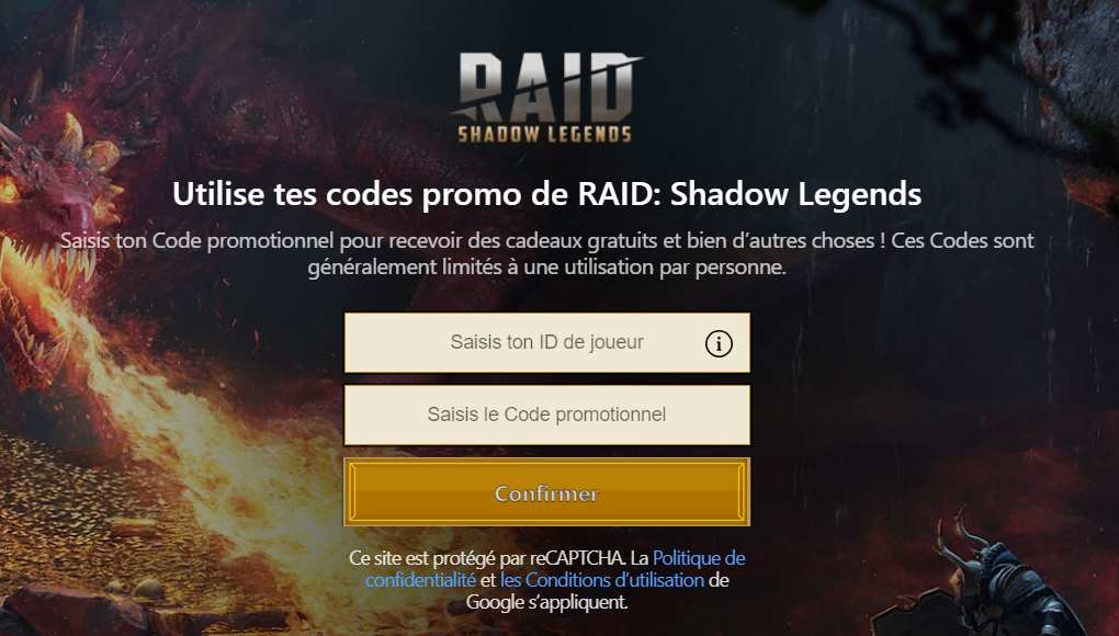 utiliser les codes promo de RAID Shadow Legends sur la page officielle